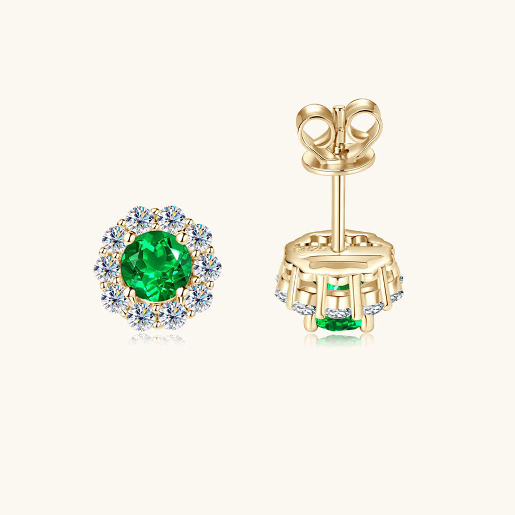 Emerald Diamond Flower Halo Stud Earrings - Gold