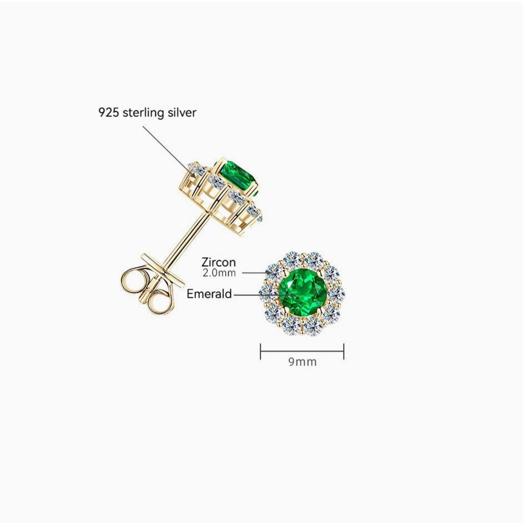 Emerald Diamond Flower Halo Stud Earrings - Gold