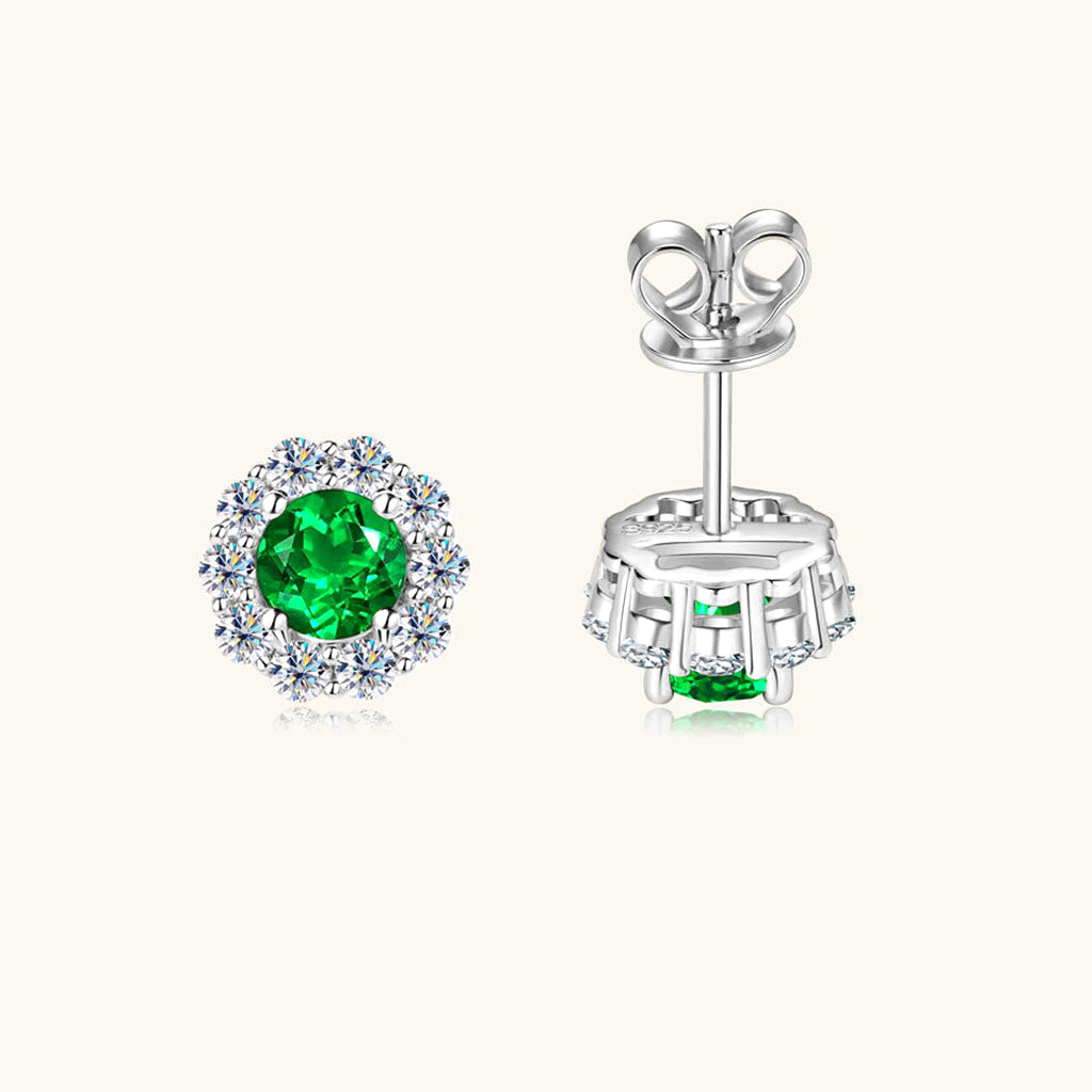 Emerald Diamond Flower Halo Stud Earrings - Silver