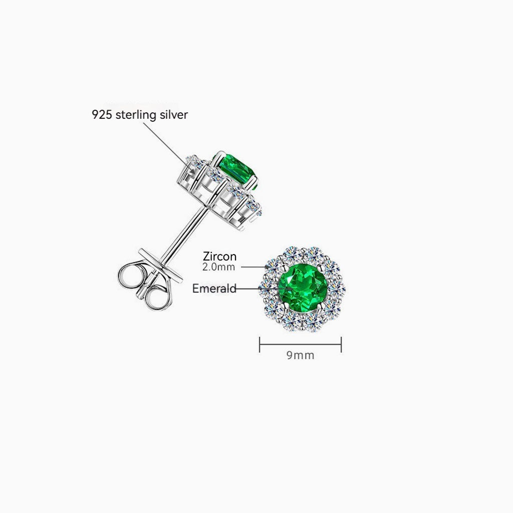 Emerald Diamond Flower Halo Stud Earrings - Silver