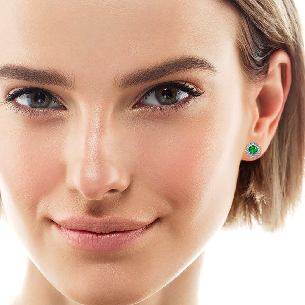Emerald Diamond Flower Halo Stud Earrings - Silver
