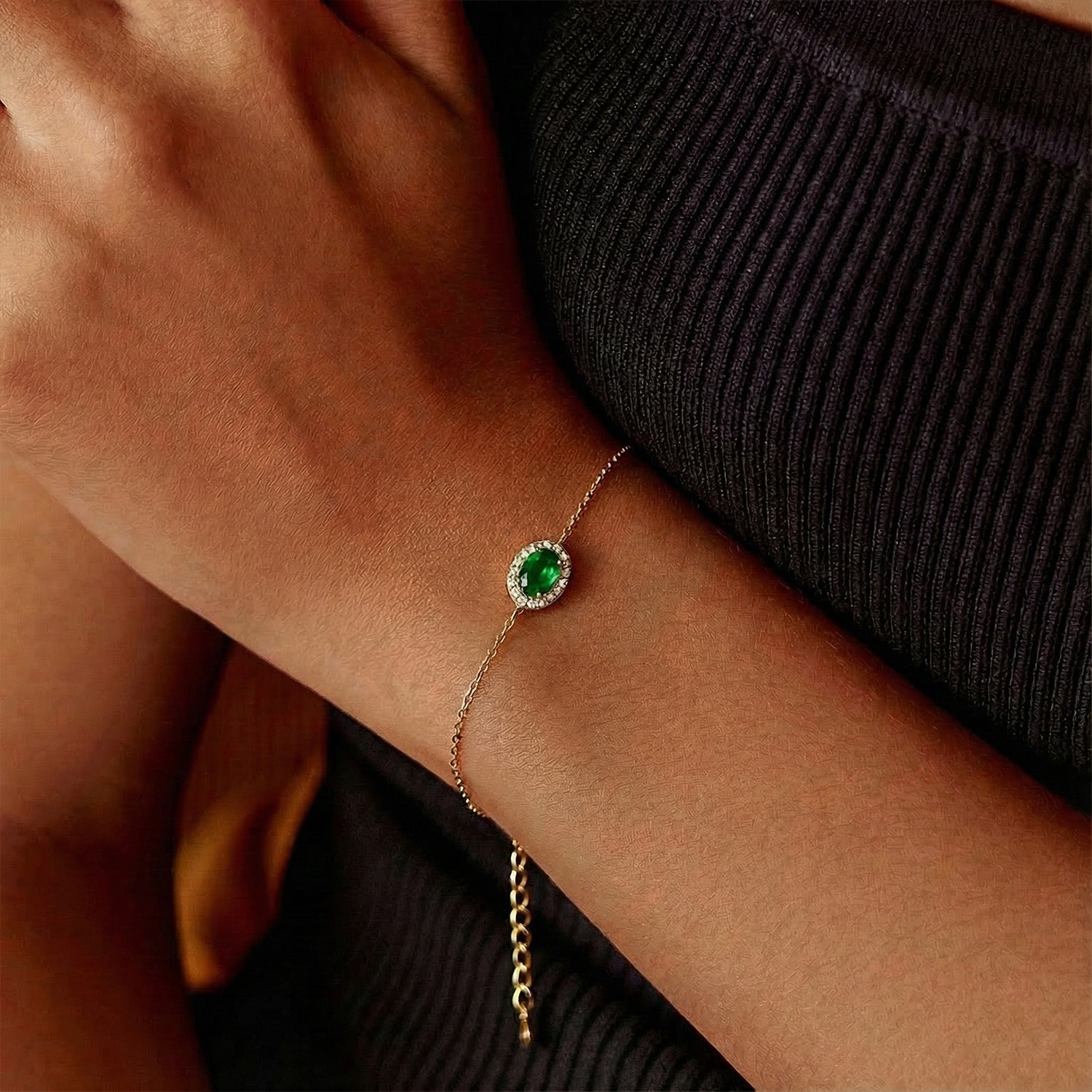 Emerald Diamond Halo Bracelet - Gold