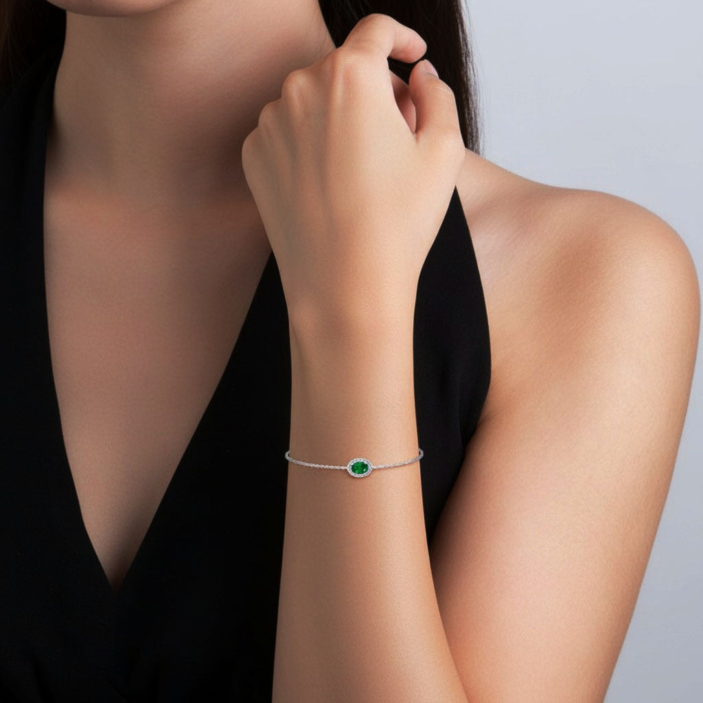 Emerald Simulated Diamond Halo Bracelet - Silver