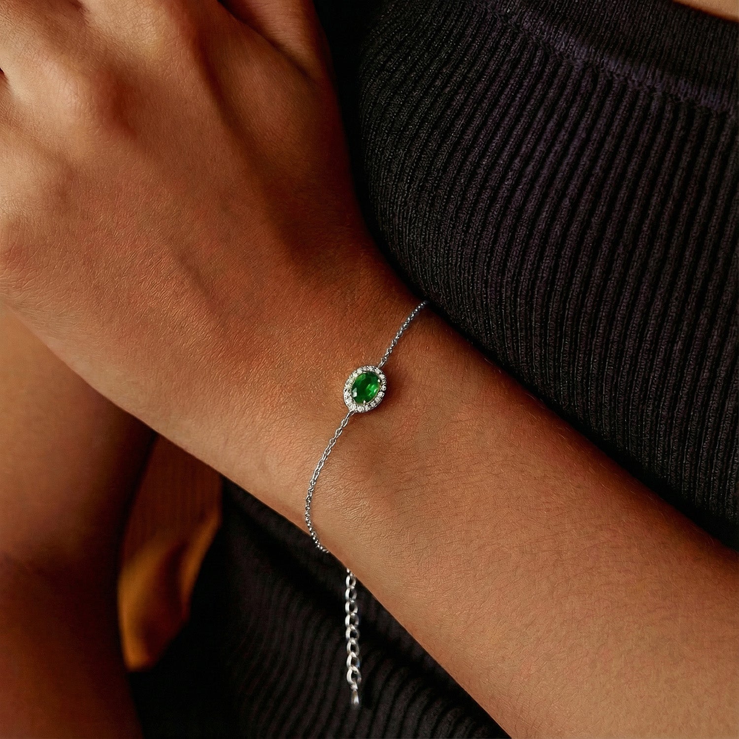 Emerald Diamond Halo Bracelet - Silver