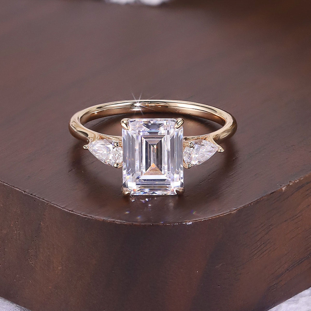 Emerald Three Stone Moissanite Ring - Gold