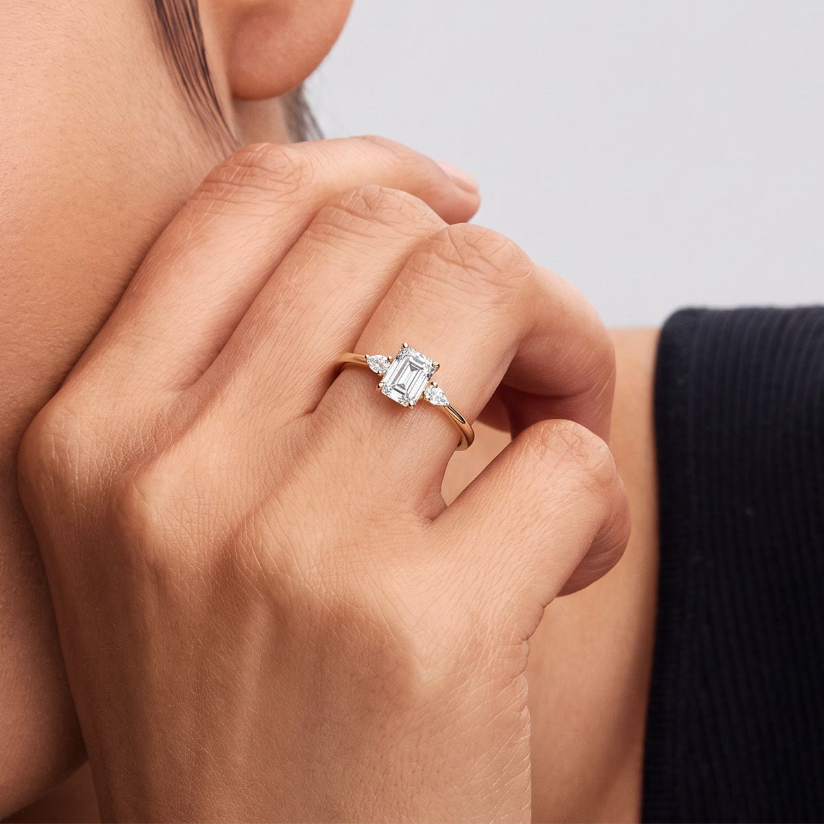 Emerald Three Stone Moissanite Ring - Gold