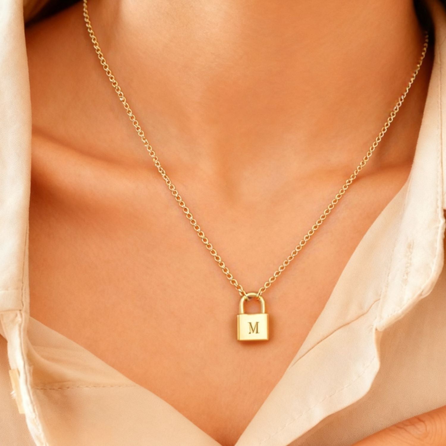 Engraved Initial Padlock Necklace - Gold