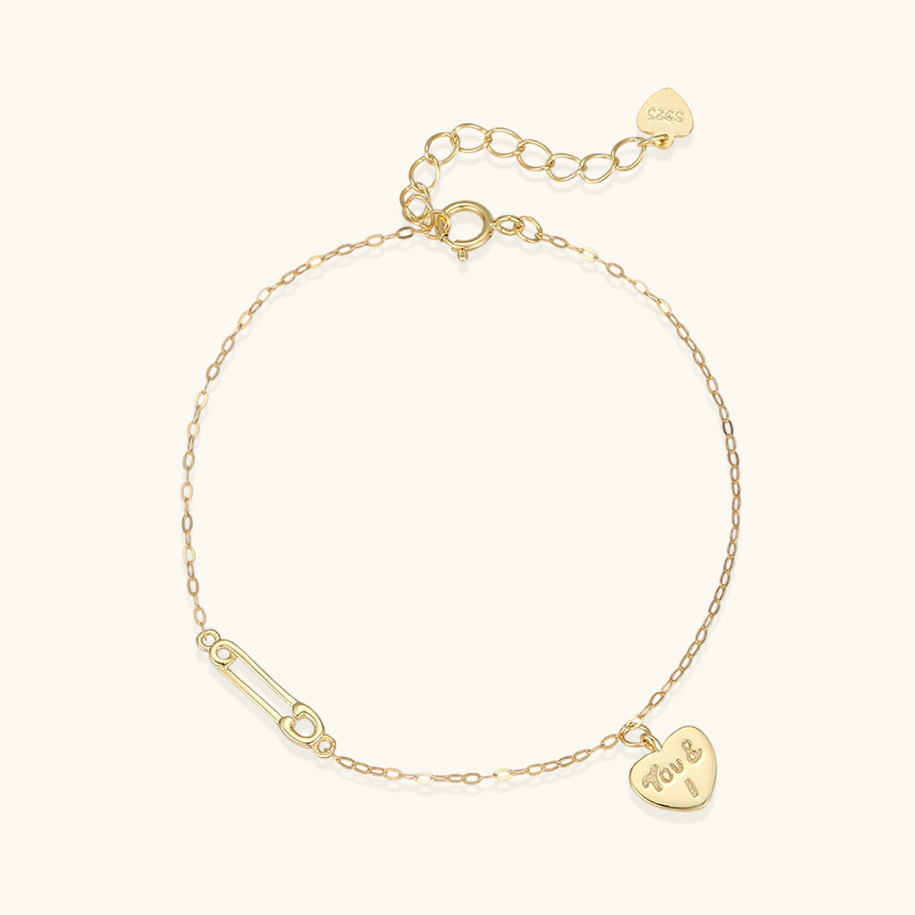 Engraved You and I Heart Bracelet - Gold