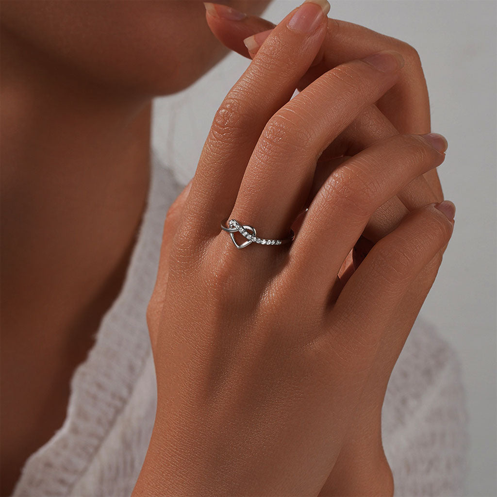 Entwined Diamond Heart Knot Ring - Silver