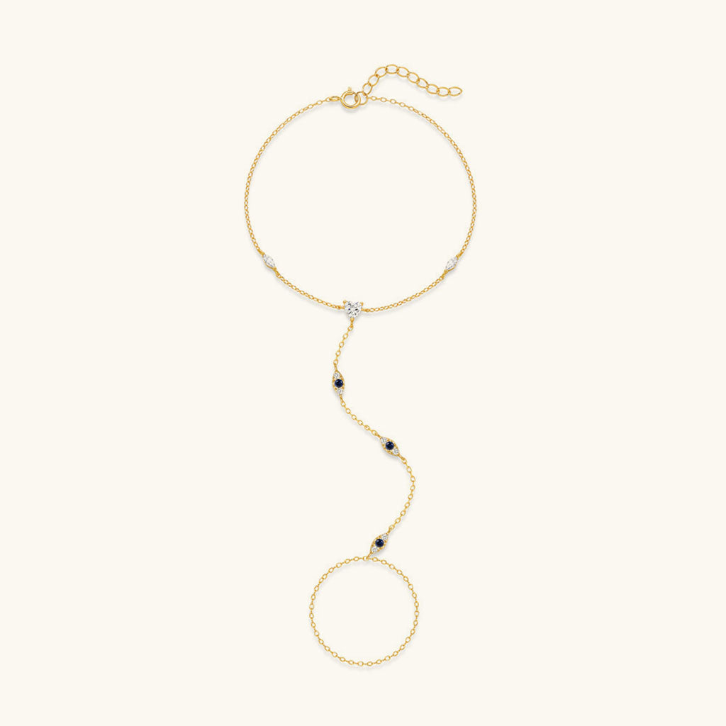 Evil Eye and Heart Diamond Hand Chain Bracelet - Gold