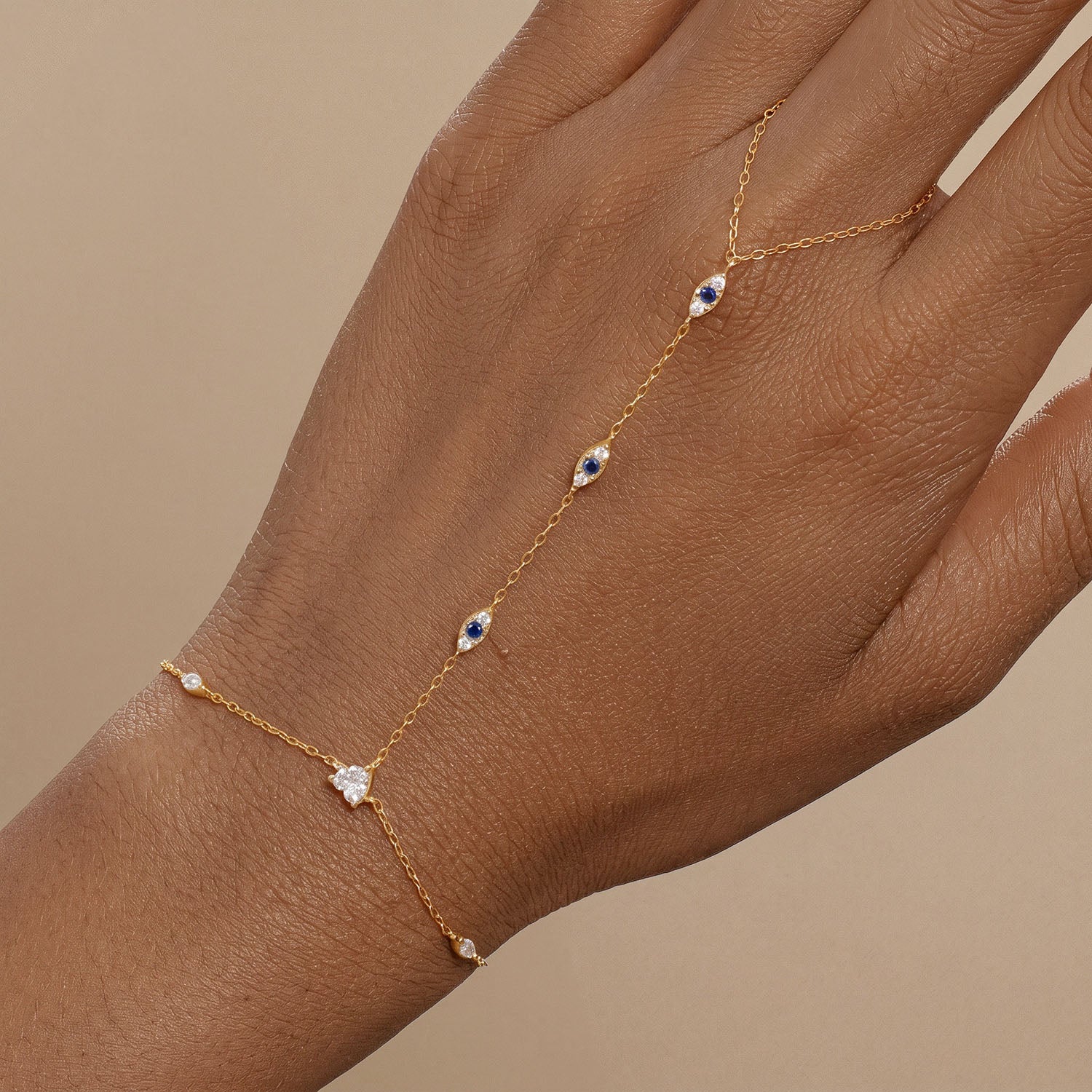 Evil Eye and Heart Diamond Hand Chain Bracelet - Gold