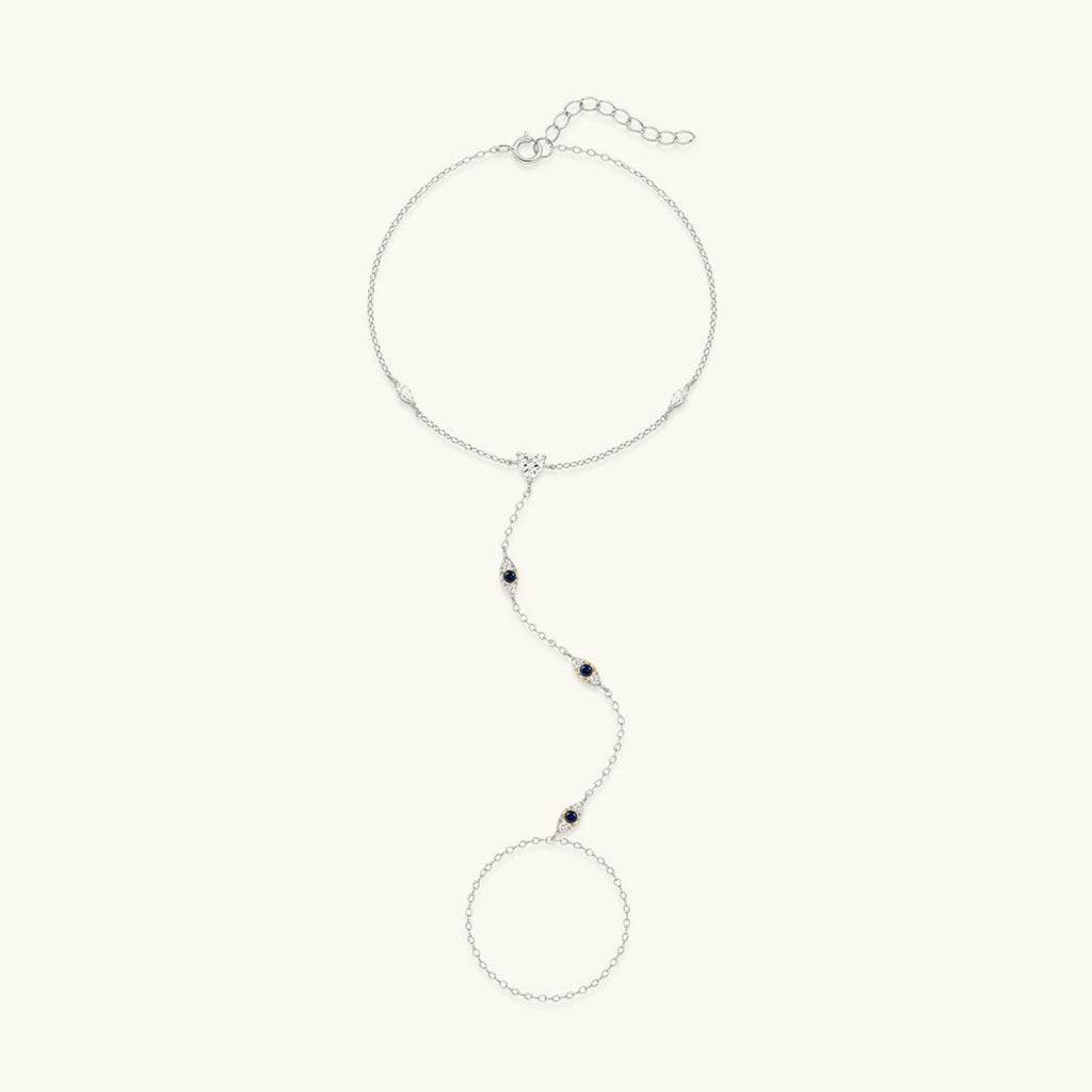 Evil Eye and Heart Diamond Hand Chain Bracelet - Silver