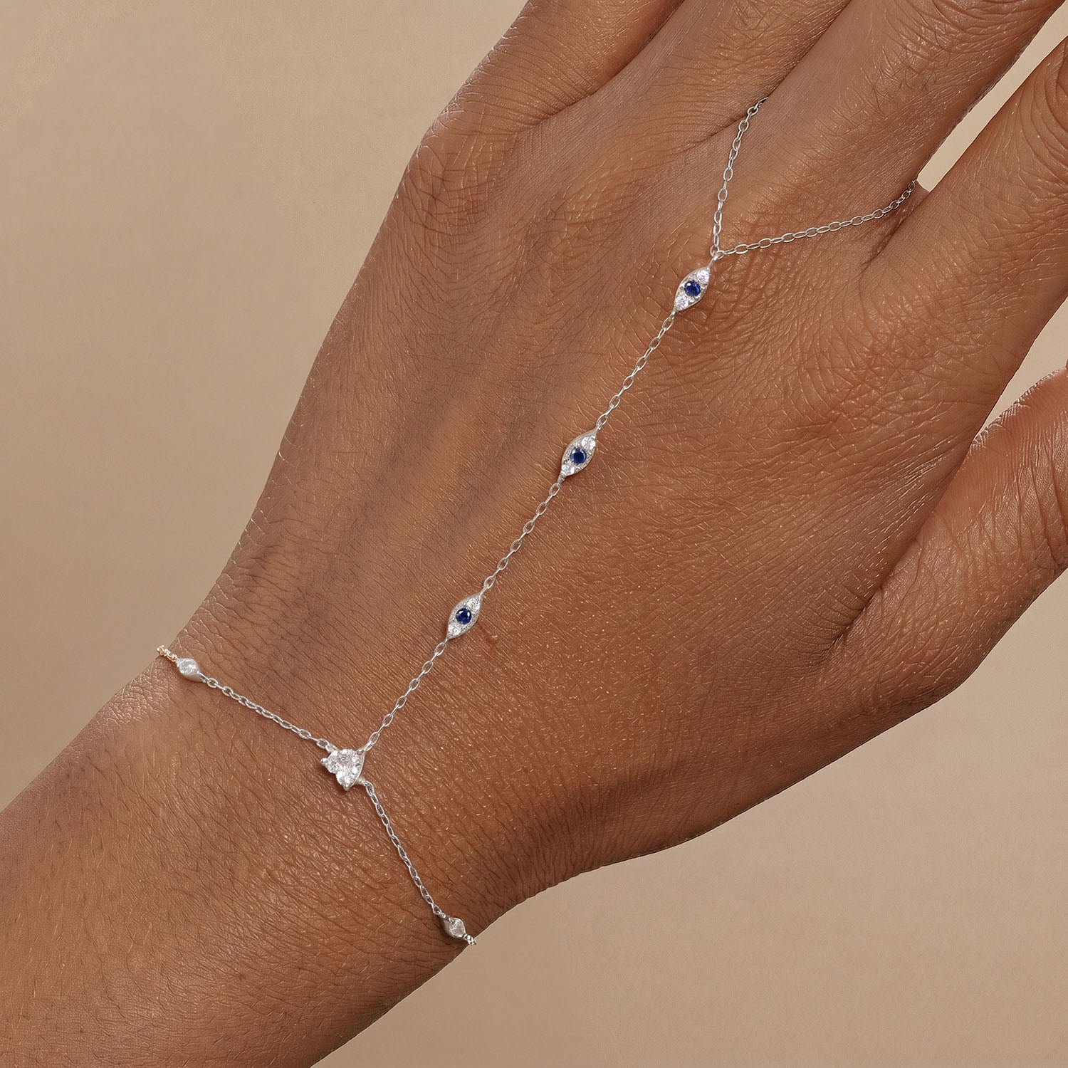 Evil Eye and Heart Diamond Hand Chain Bracelet - Silver