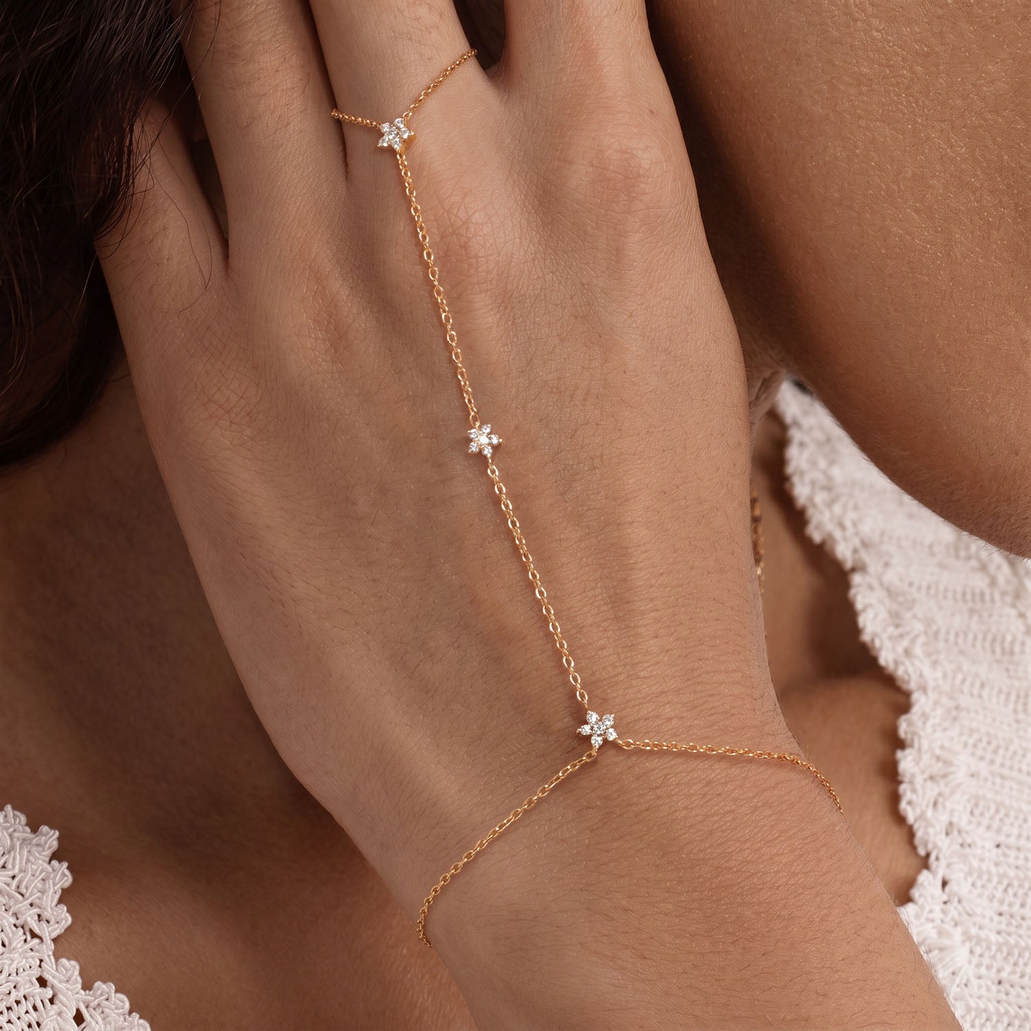 Five Petal Flower Hand Chain Bracelet - Gold