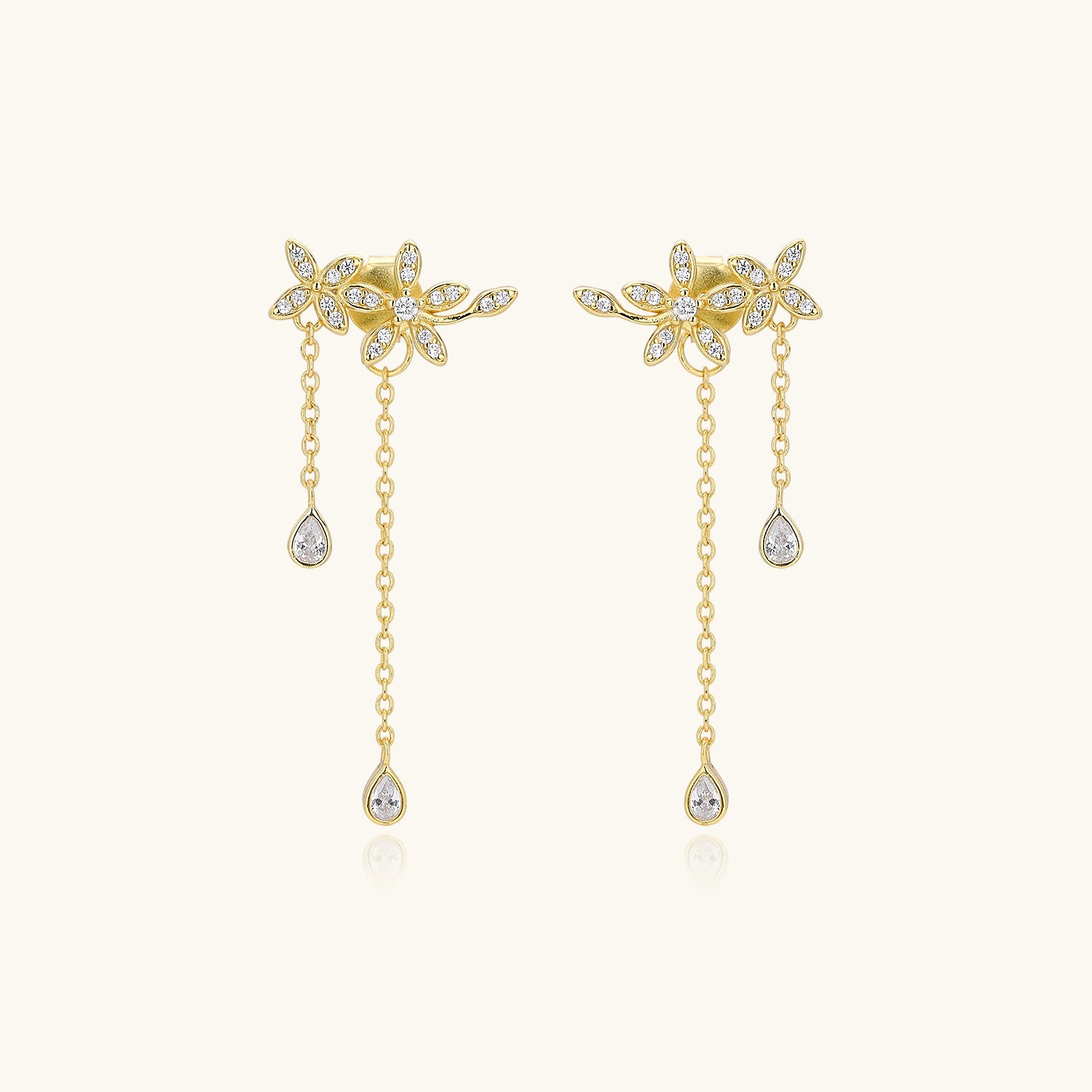 Flower Diamond Chain Drop Earrings - Gold
