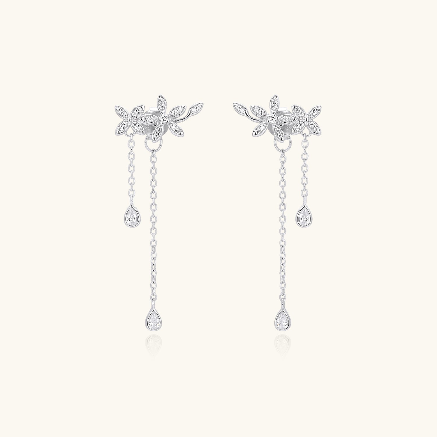 Flower Diamond Chain Drop Earrings - Silver
