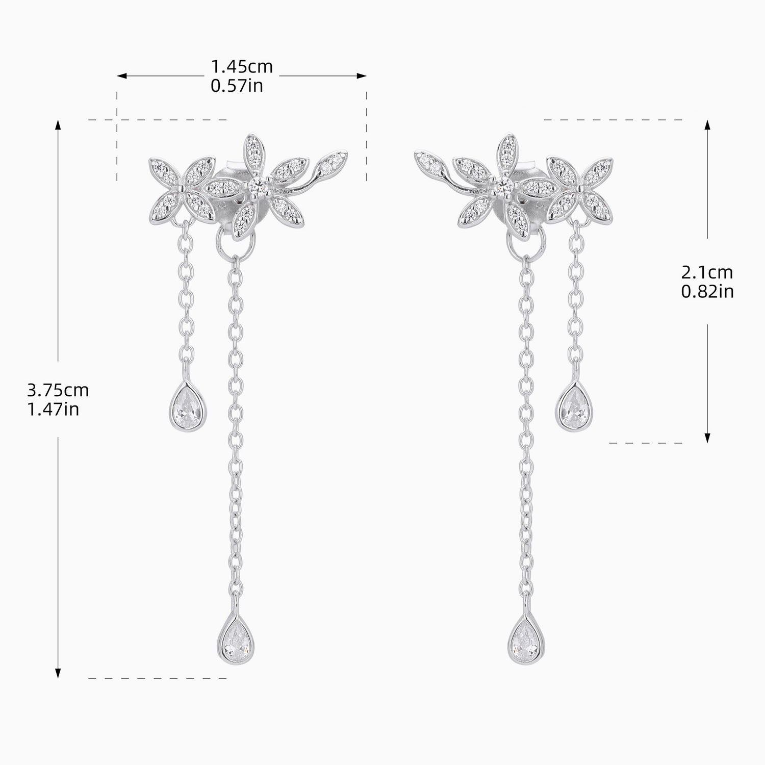 Flower Diamond Chain Drop Earrings - Silver