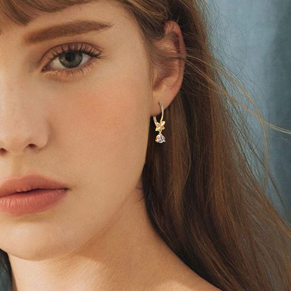 Flower Moissanite Drop Hoop Earrings - Gold