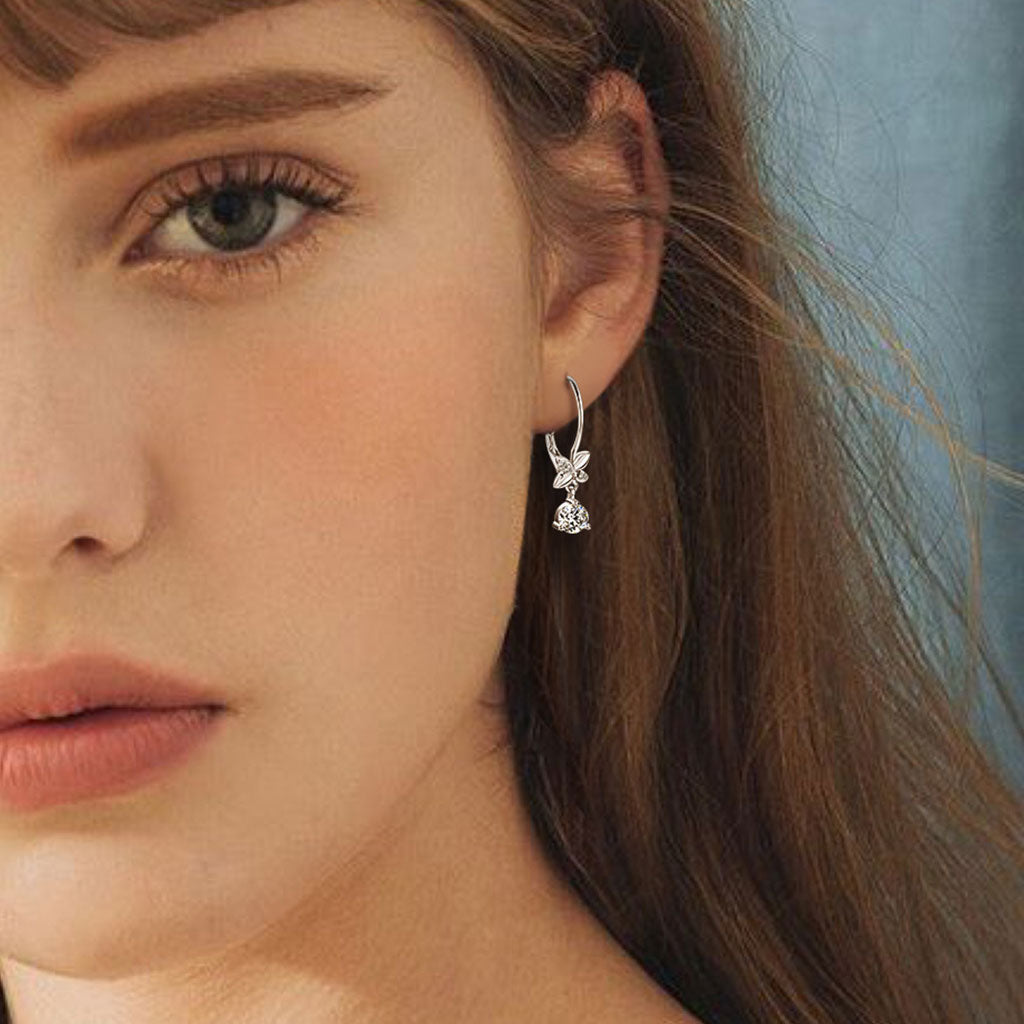 Flower Moissanite Drop Hoop Earrings - Silver