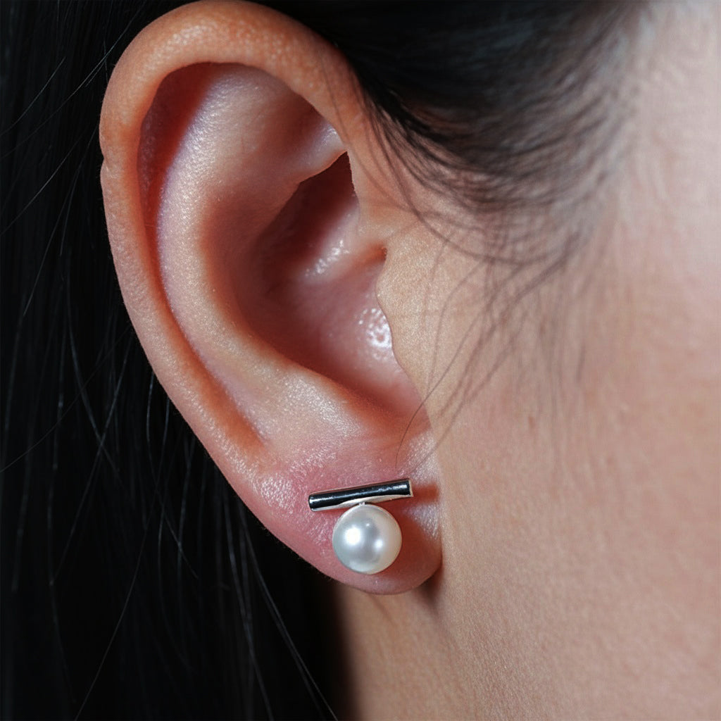 Freshwater Pearl Bar Stud Earrings - Silver
