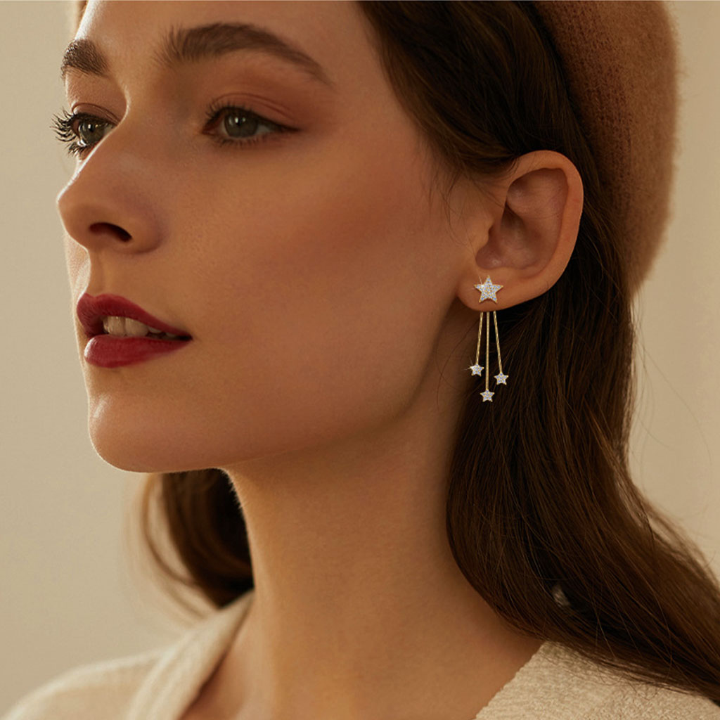 Fringe Star Moissanite Drop Earrings - Gold