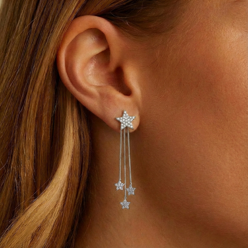 Fringe Star Moissanite Drop Earrings - Silver