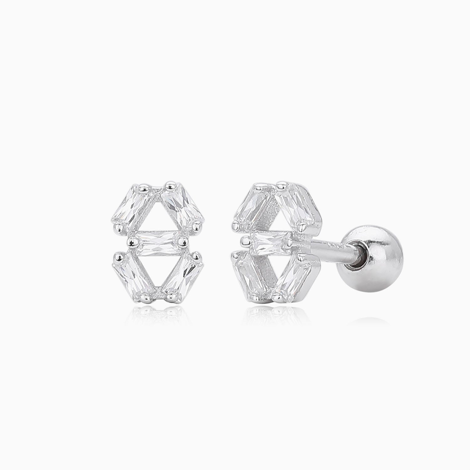 Geometric Baguette Diamond Stud Earrings - Silver