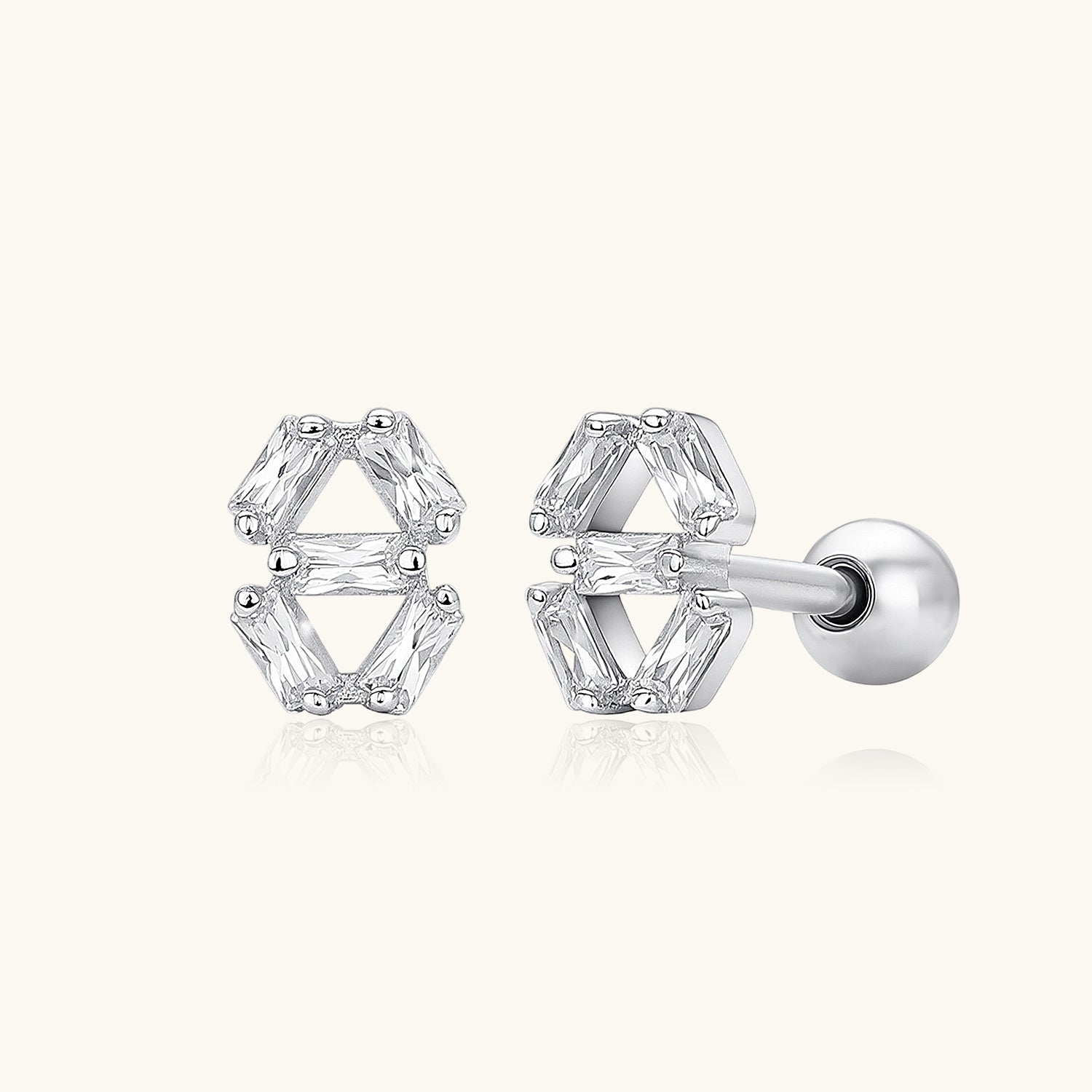 Geometric Baguette Diamond Stud Earrings - Silver