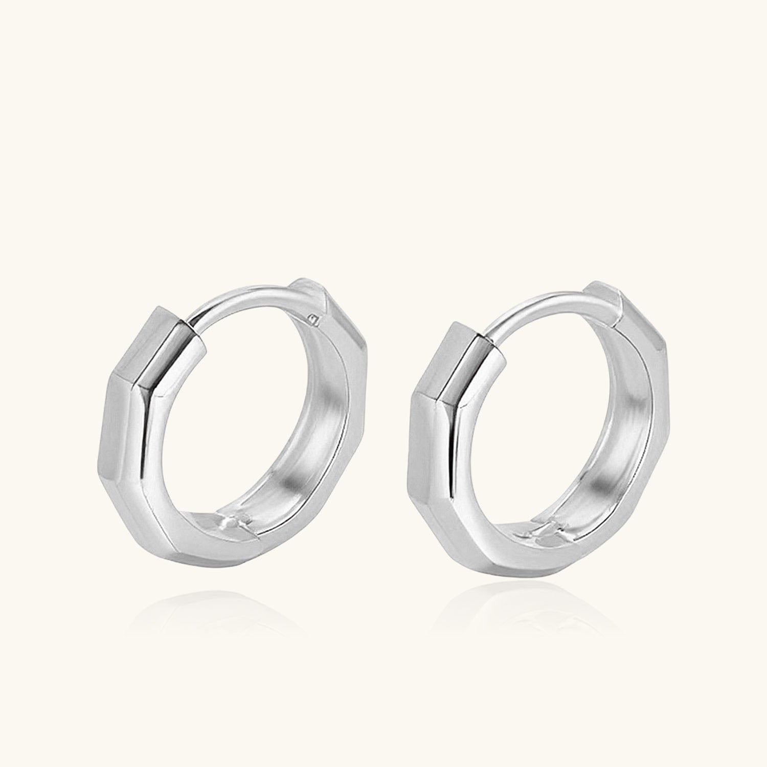 Geometric Octagon Hoop Huggie Earrings - Silver