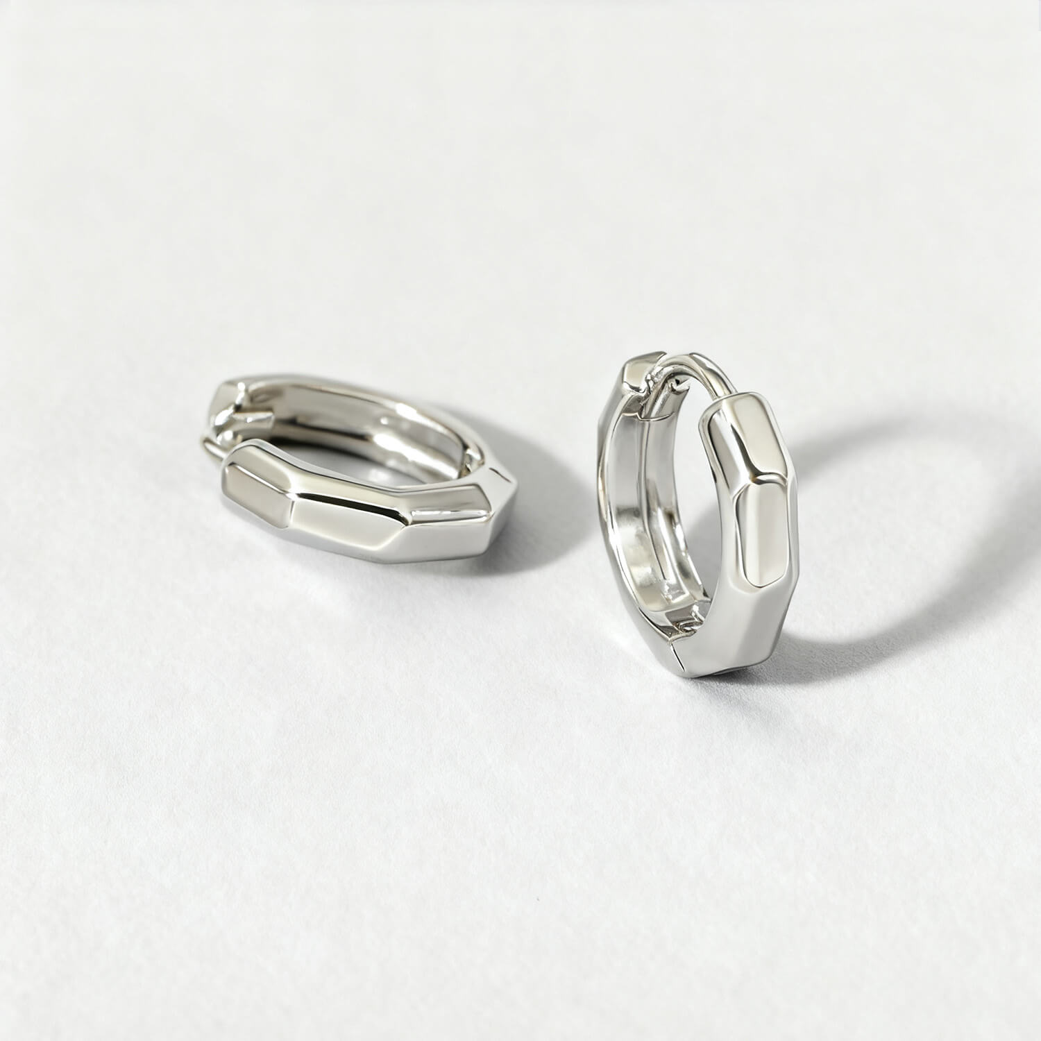 Geometric Octagon Hoop Huggie Earrings - Silver