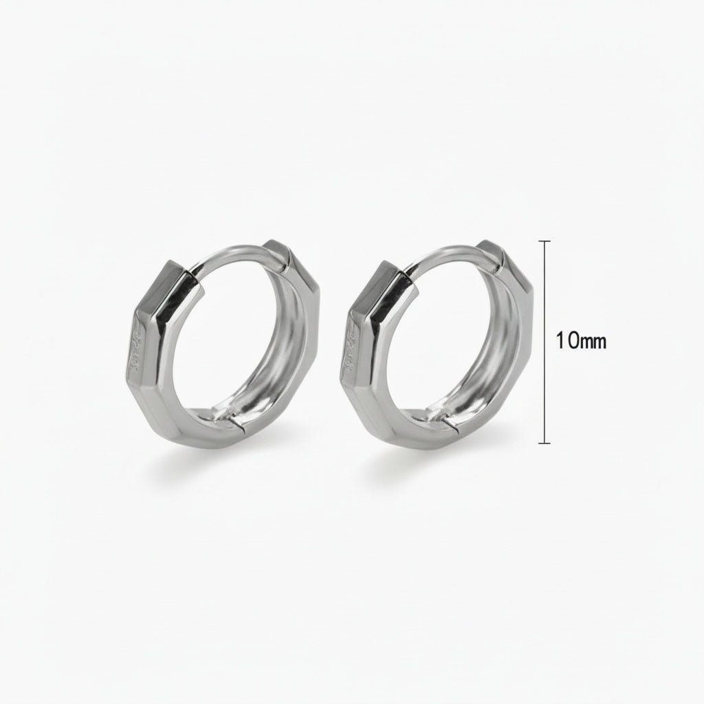 Geometric Octagon Hoop Huggie Earrings - Silver