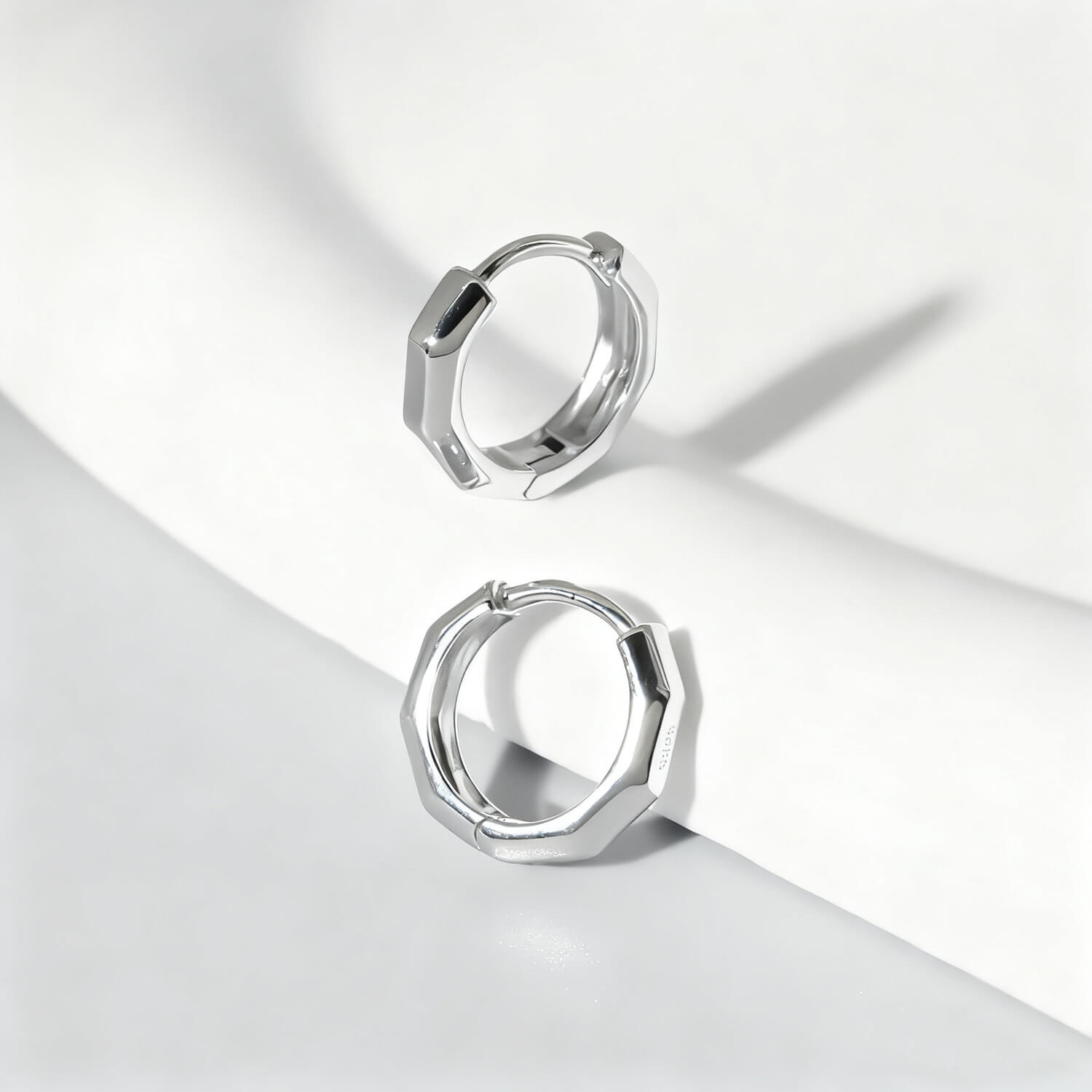 Geometric Octagon Hoop Huggie Earrings - Silver