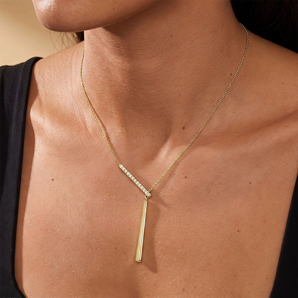 Graduated Pave Bar Lariat Necklace - Gold