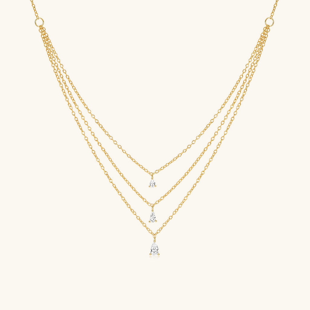 Graduated Pear Diamond Triple Layered Necklace - Gold