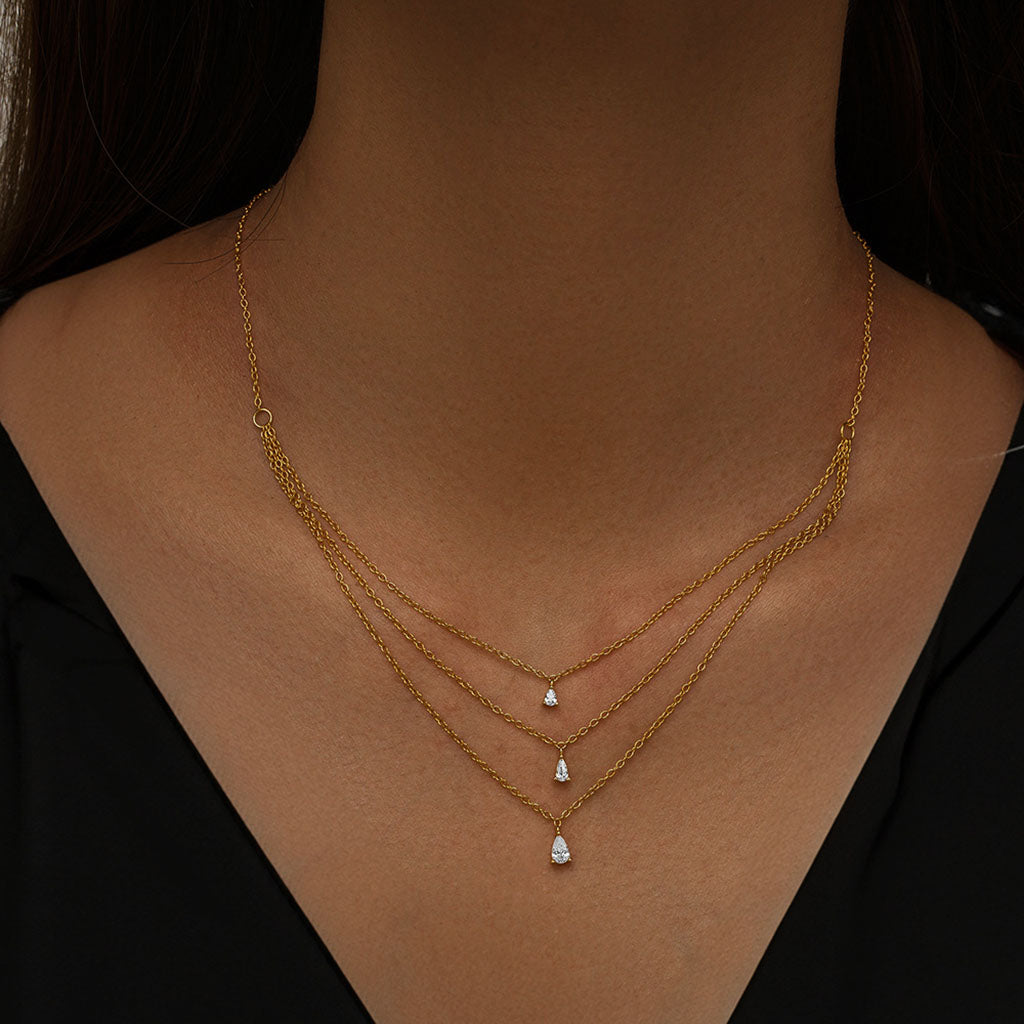 Graduated Pear Diamond Triple Layered Necklace - Gold