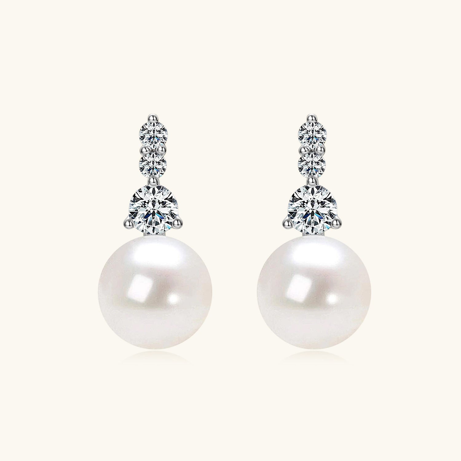 Graduated Trio Diamond Pearl Drop Earrings - Silver