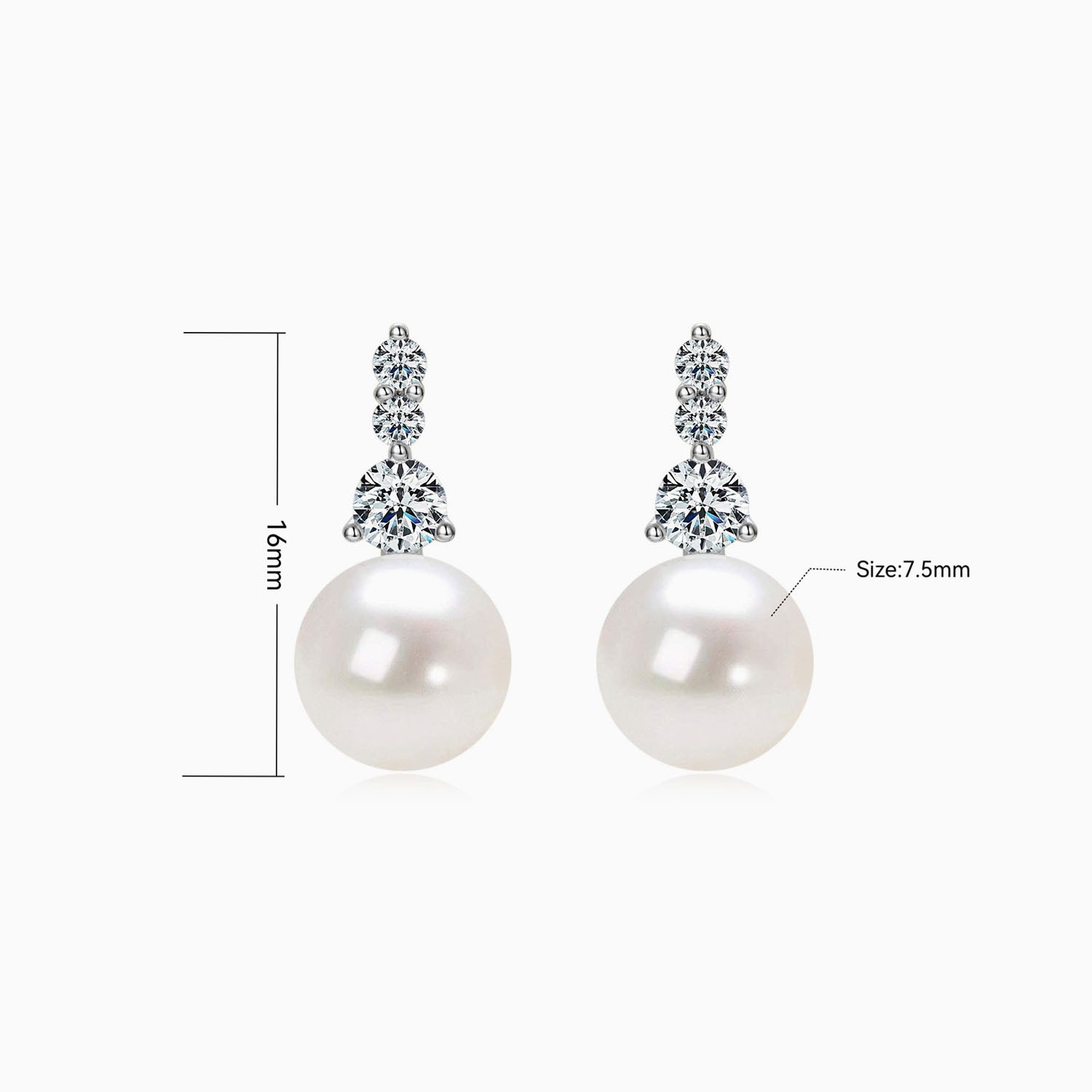 Graduated Trio Diamond Pearl Drop Earrings - Silver