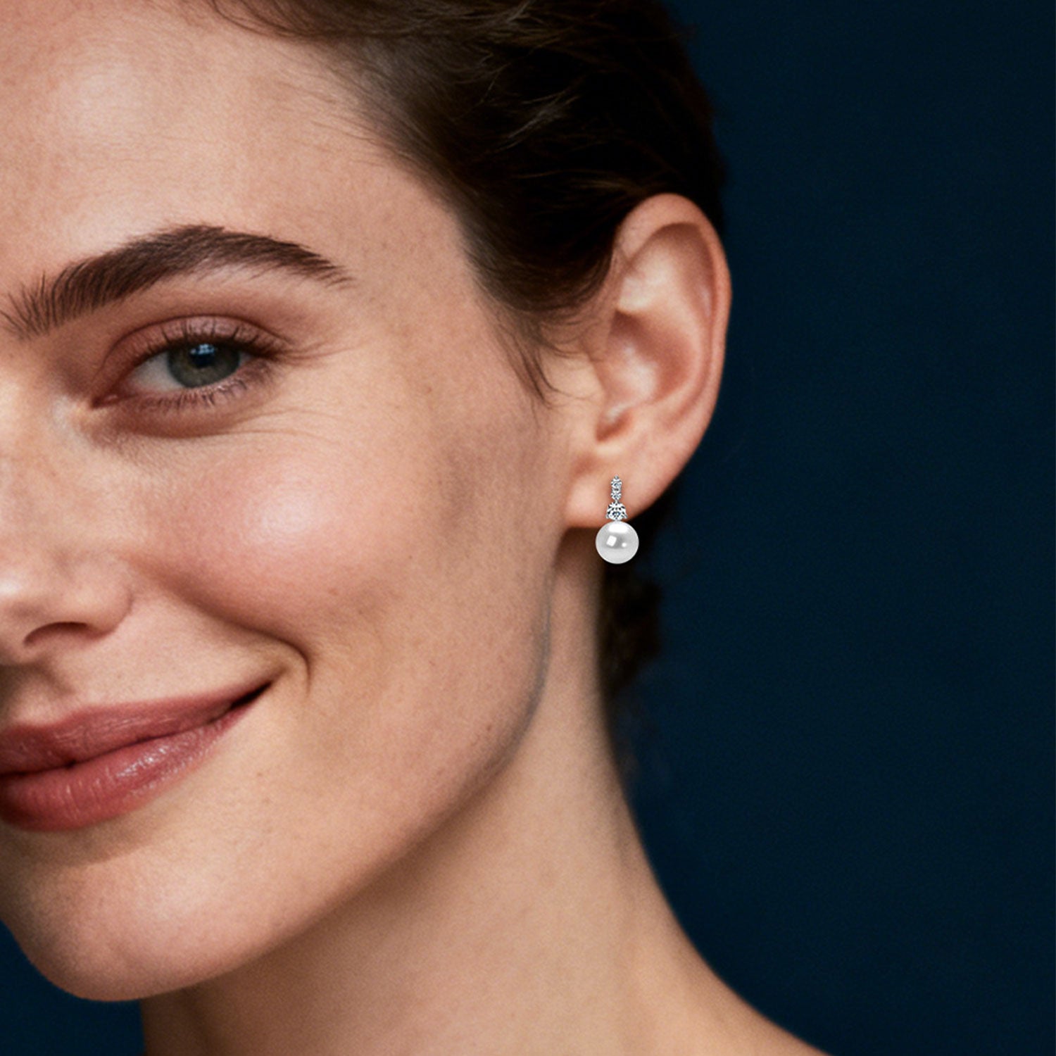 Graduated Trio Diamond Pearl Drop Earrings - Silver