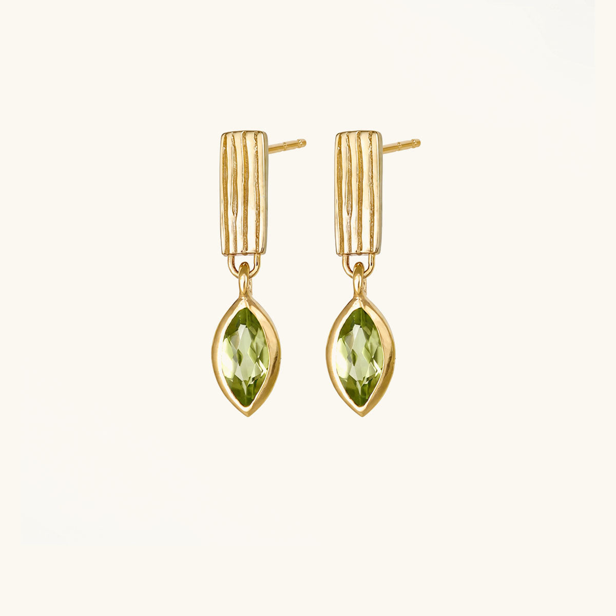 Green Simulated Diamond Ribbed Bar Drop Earrings - Gold