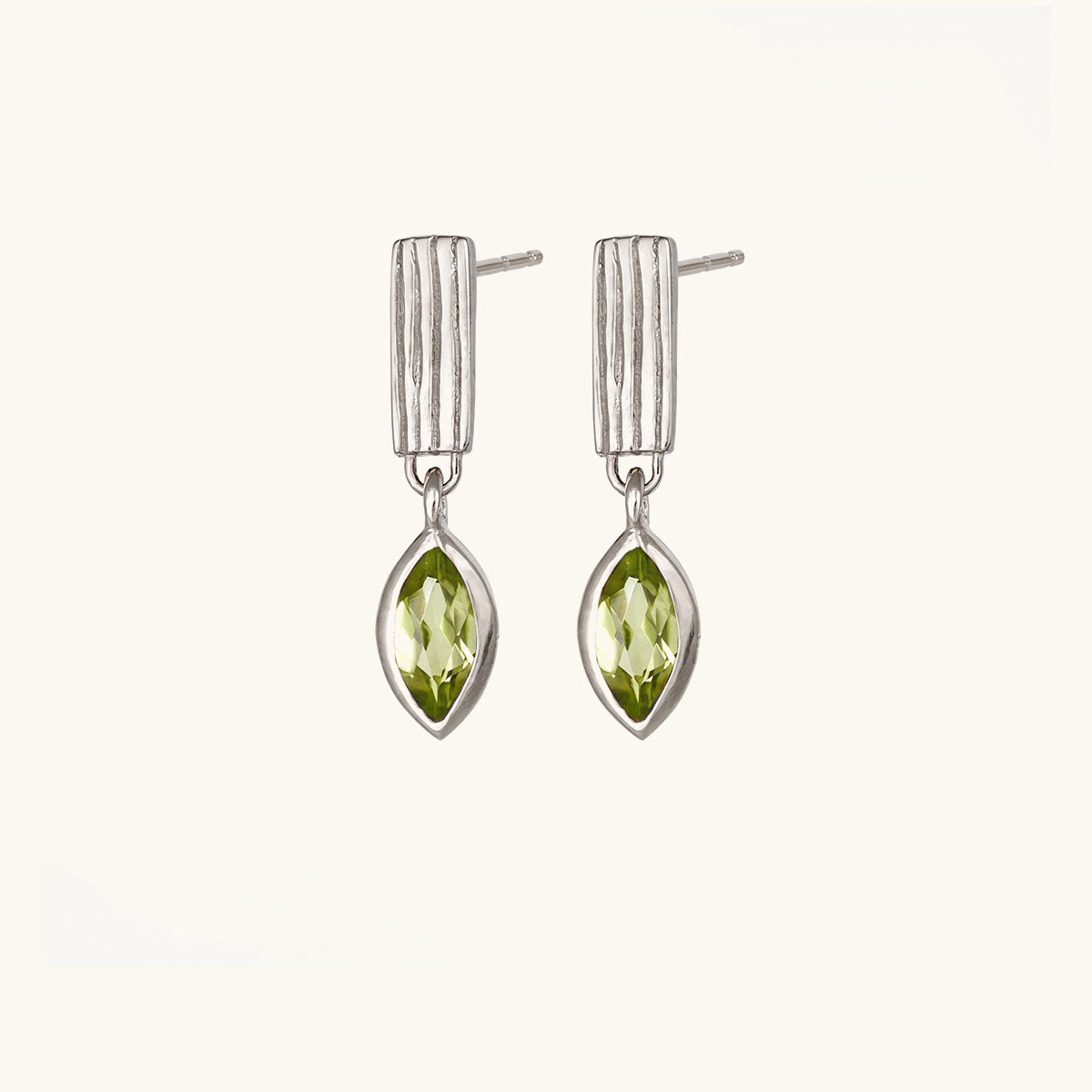 Green Simulated Diamond Ribbed Bar Drop Earrings - Silver