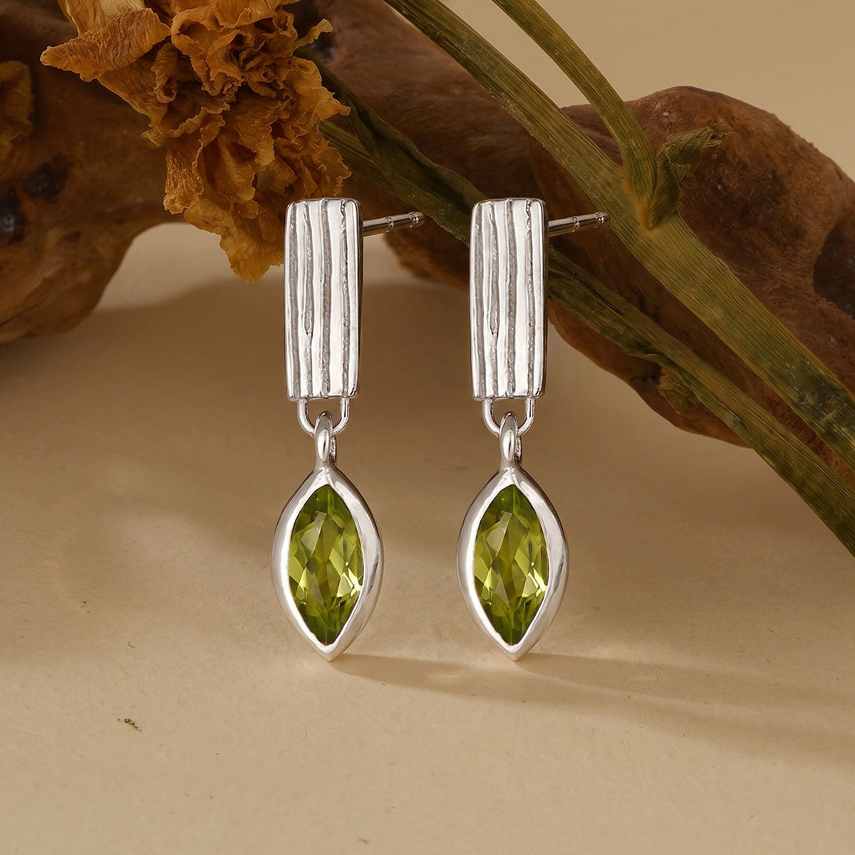 Green Simulated Diamond Ribbed Bar Drop Earrings - Silver