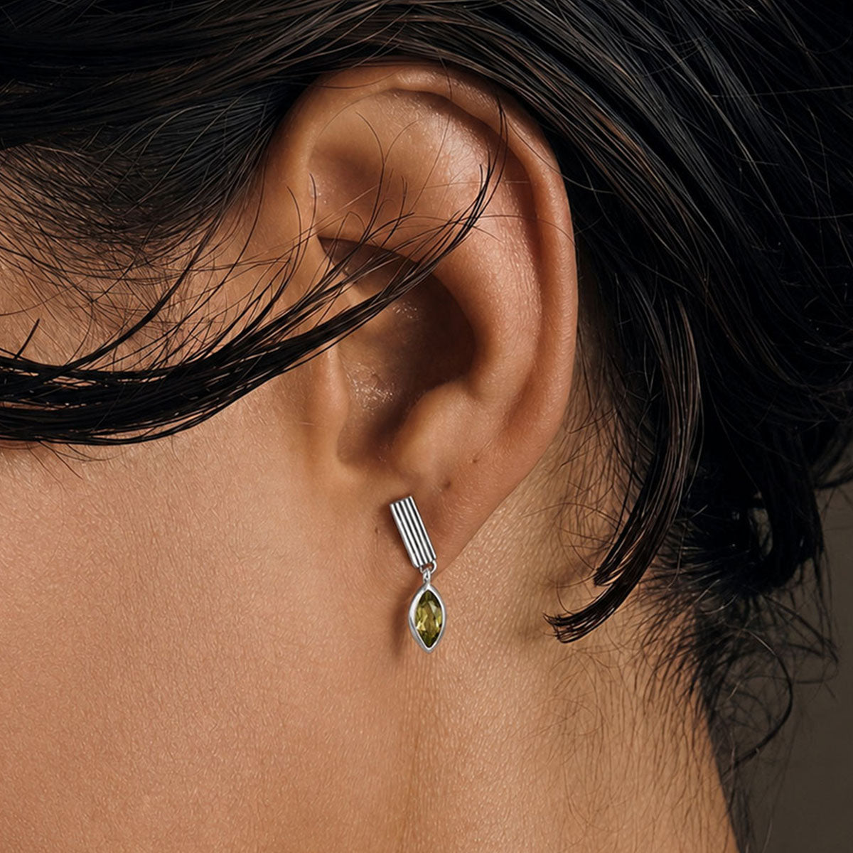 Green Simulated Diamond Ribbed Bar Drop Earrings - Silver