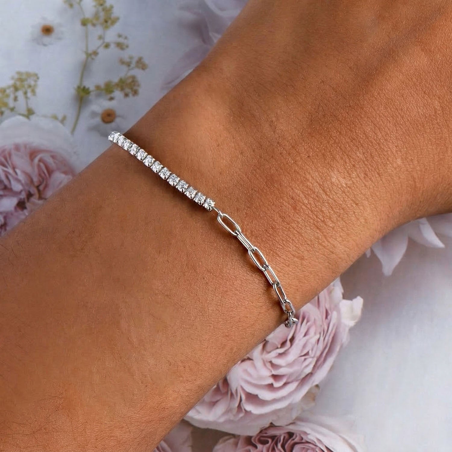 Half Paperclip Moissanite Tennis Bracelet - Silver