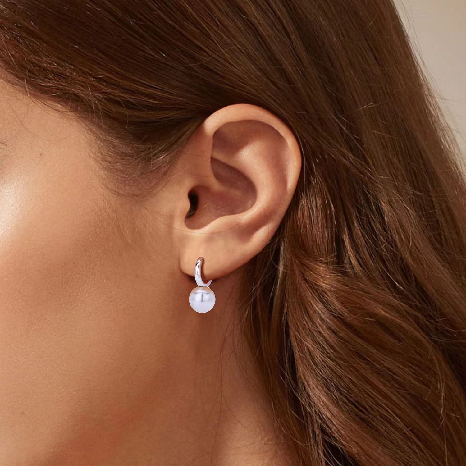 Halo Pearl Drop Huggie Hoop Earrings - Silver