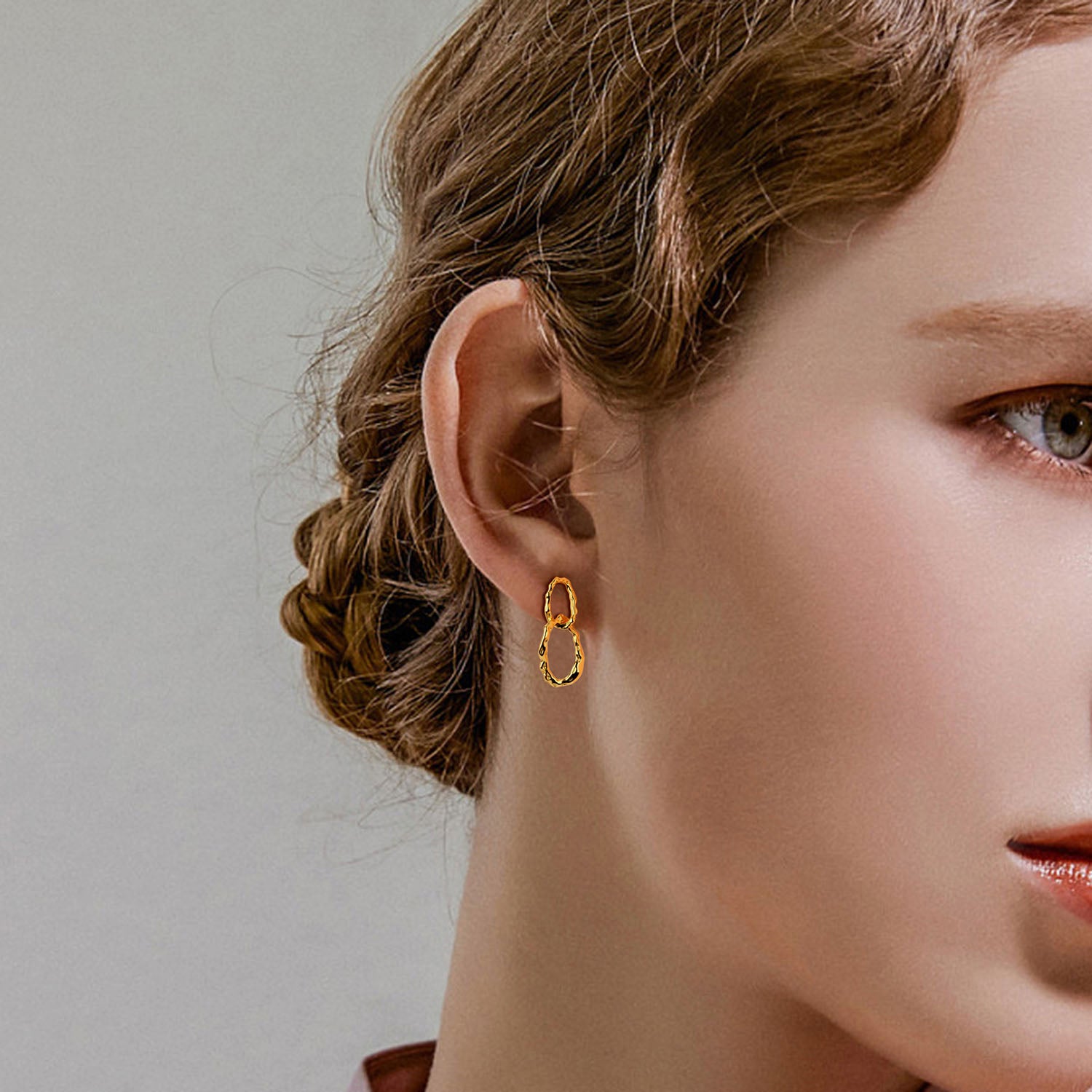 Hammered Double Hoop Drop Earrings - Gold