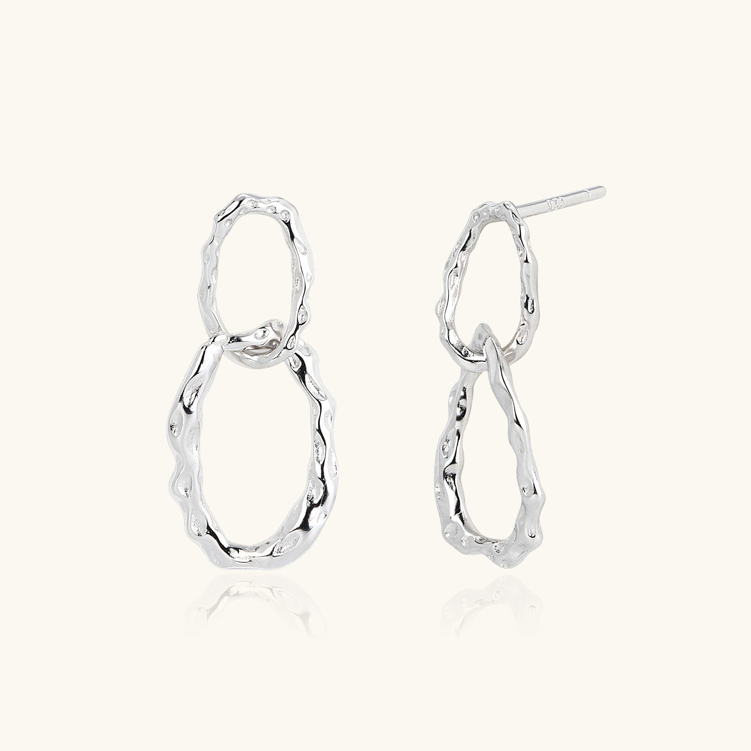 Hammered Double Hoop Drop Earrings - Silver