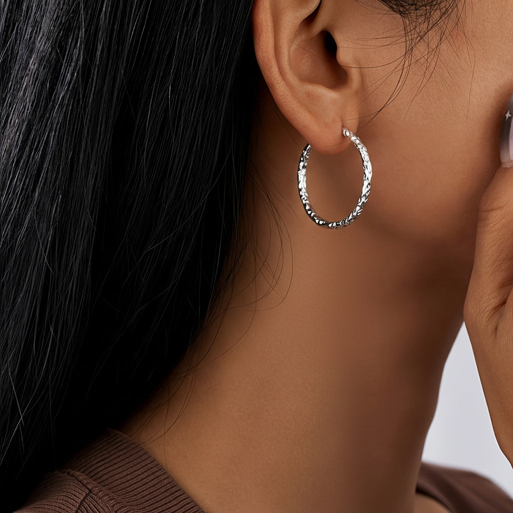 Hammered Hoop Earrings - Silver