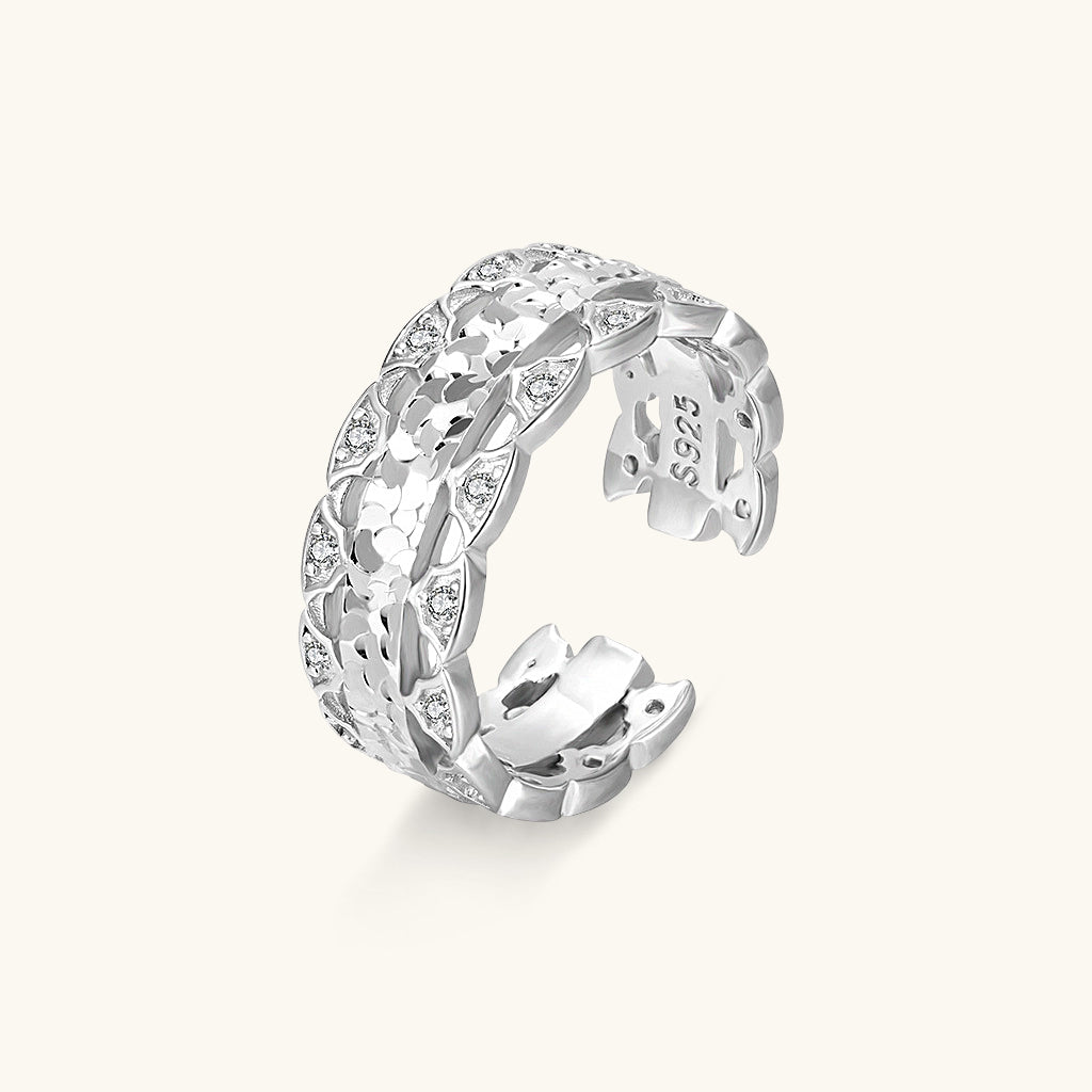 Hammered Scaled Pave Open Band Ring - Silver