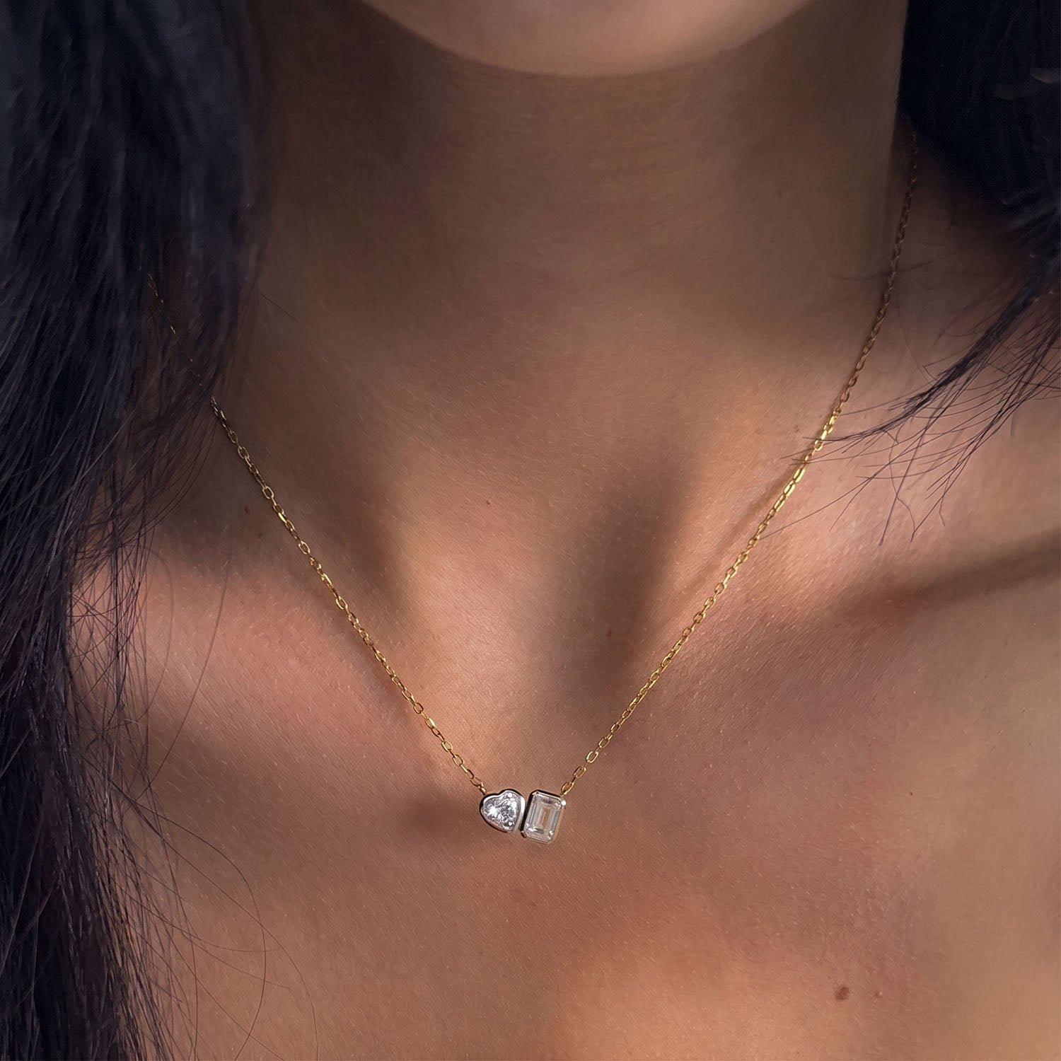 Heart and Emerald Diamond Toi Et Moi Necklace - Gold