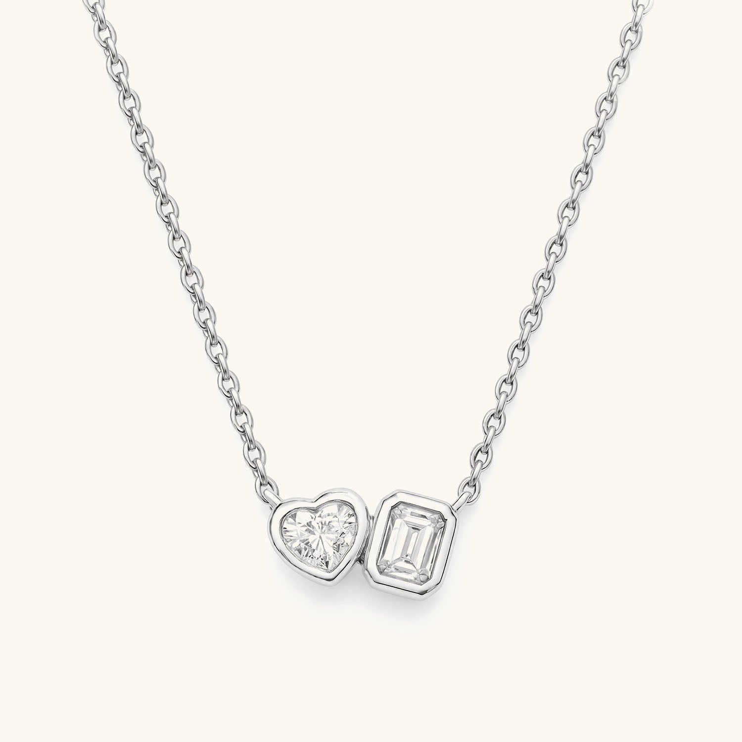 Heart and Emerald Diamond Toi Et Moi Necklace - Silver